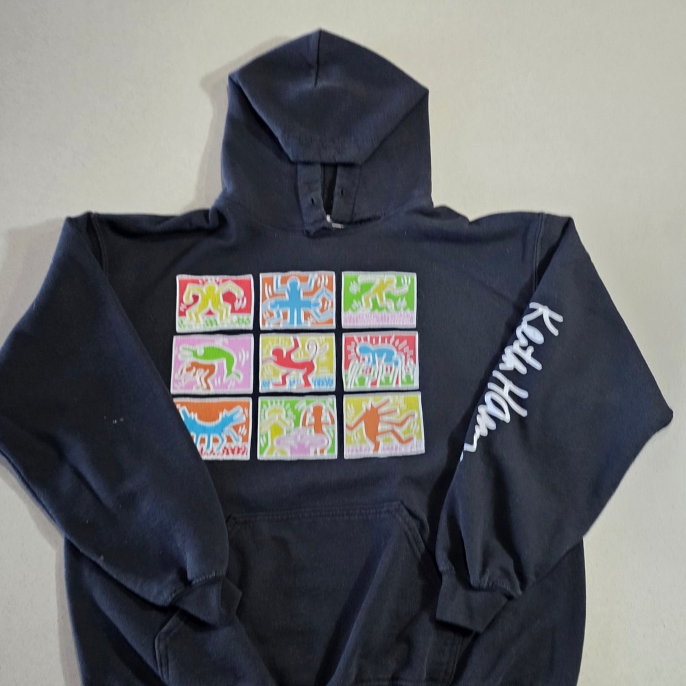 Keith Haring Foundation Pop Art Graphic Hoodie Black Mens Large Distressed